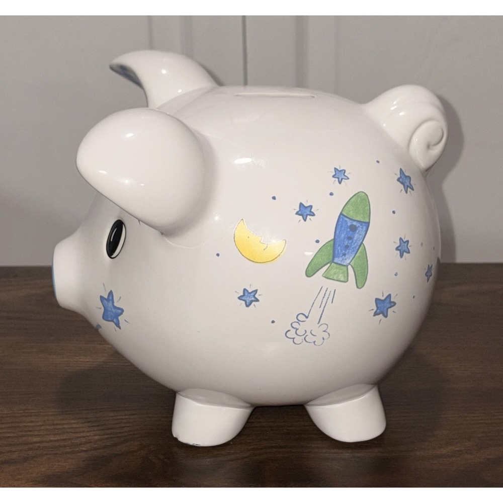 Ceramic Piggy Bank Moons Stars  (Child to Cherish) Blue Plaid Baby Boy Nursery